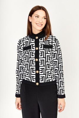 Frank Lyman 233848U Women's Long Sleeve Geo Print Cardigan – Black- White