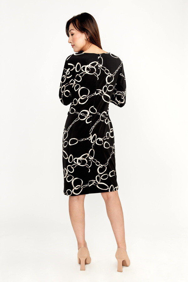 Frank Lyman 233180 Women's Long Sleeve Chain Print Dress – Black- Beige
