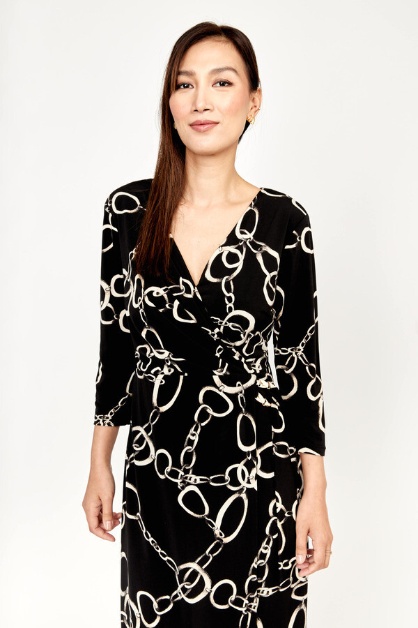 Frank Lyman 233180 Women's Long Sleeve Chain Print Dress – Black- Beige