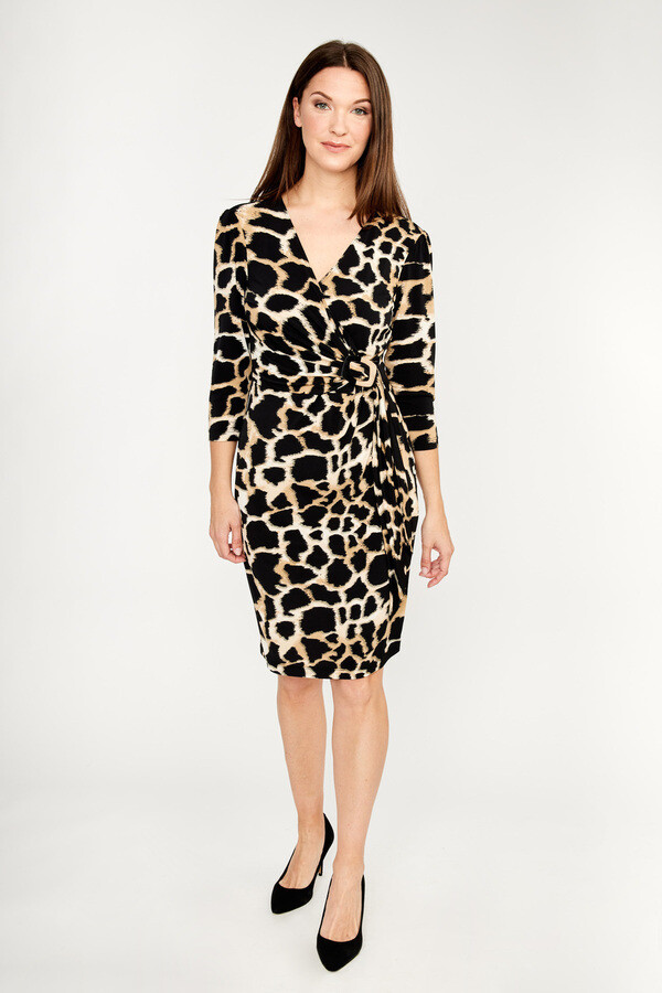 Frank Lyman 233129 Women’s Long Sleeve Giraffe Print Dress – Black- Beige