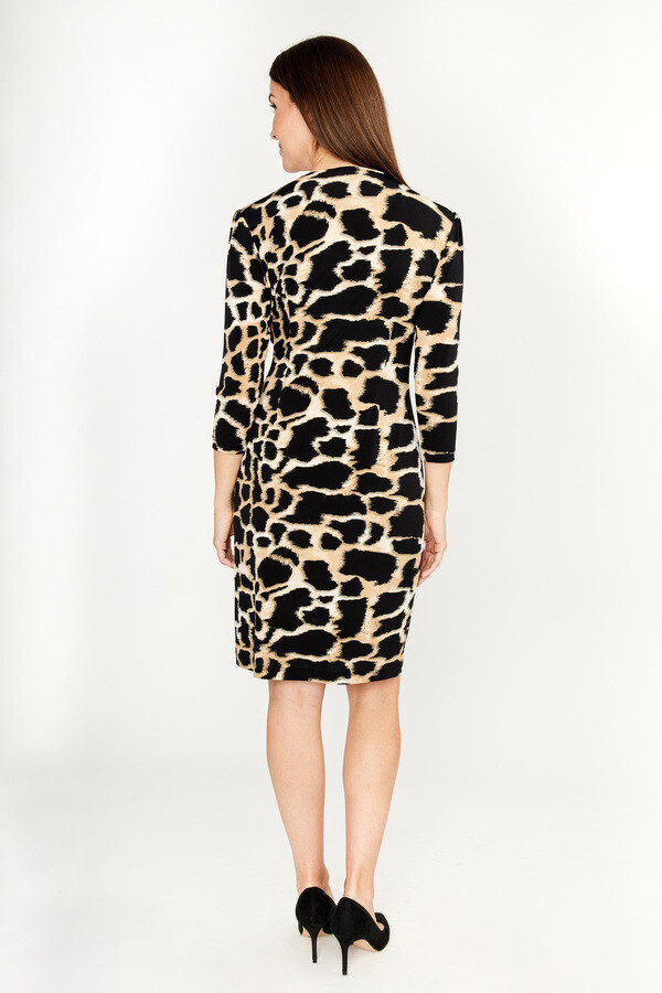 Frank Lyman 233129 Women’s Long Sleeve Giraffe Print Dress – Black- Beige