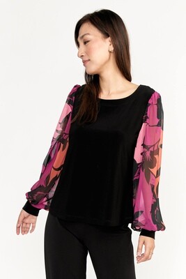 Frank Lyman 233177 Women's Long Sleeve Chiffon & Floral Top – Black- Magenta