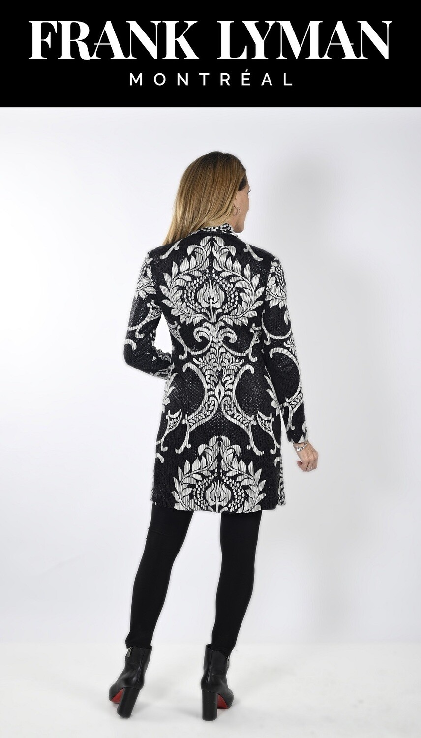 Frank Lyman 233157 Women's LS Damask Print Long Jacket/ BLACK- OFF WHITE