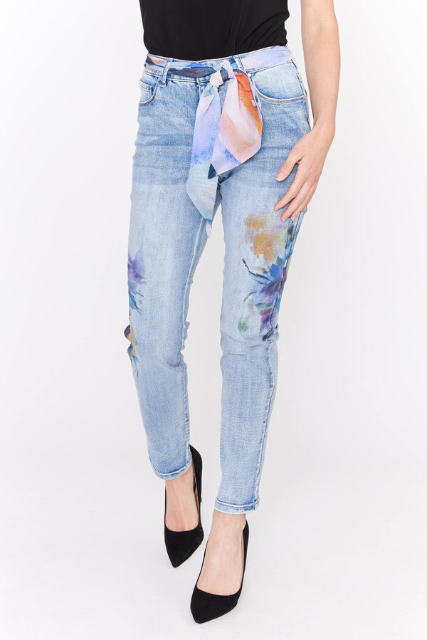 Frank Lyman 231702U Women's Watercolour Flower Print & Chiffon Belt Jeans – Light Blue