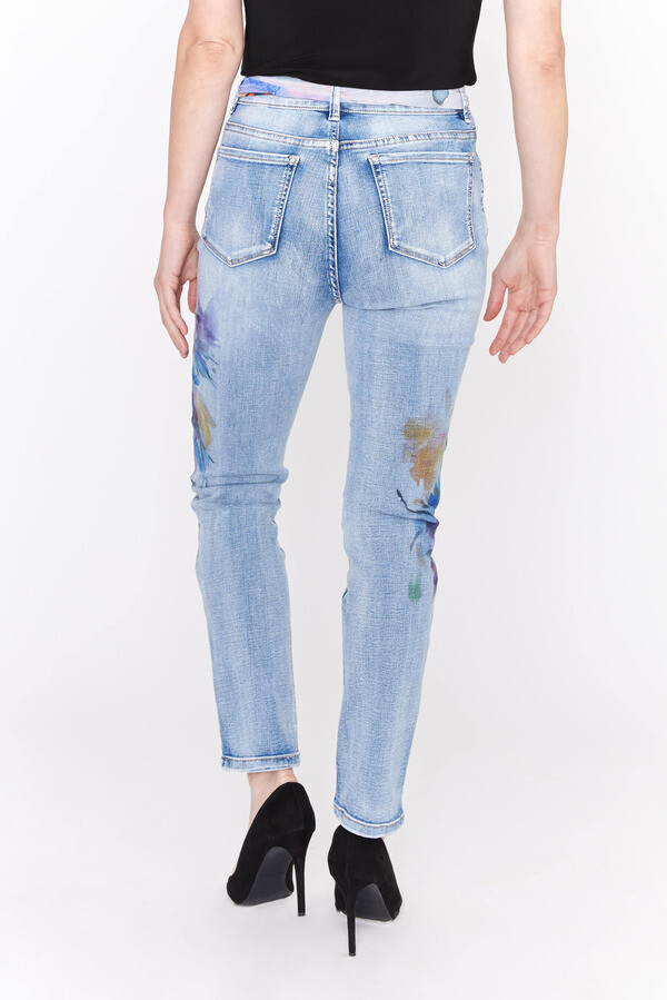 Frank Lyman 231702U Women's Watercolour Flower Print & Chiffon Belt Jeans – Light Blue