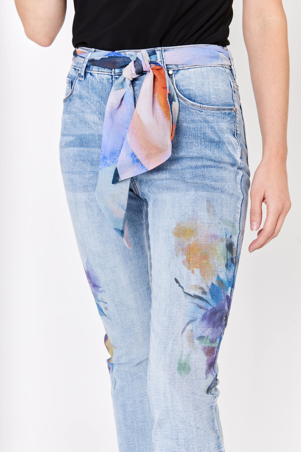 Frank Lyman 231702U Women's Watercolour Flower Print & Chiffon Belt Jeans – Light Blue
