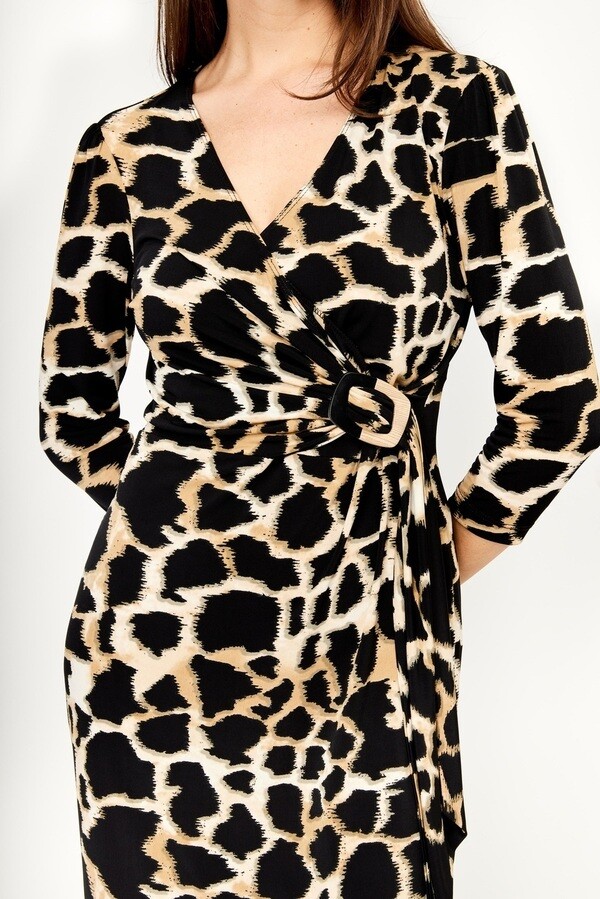 Frank Lyman 233129 Women’s Long Sleeve Giraffe Print Dress – Black- Beige