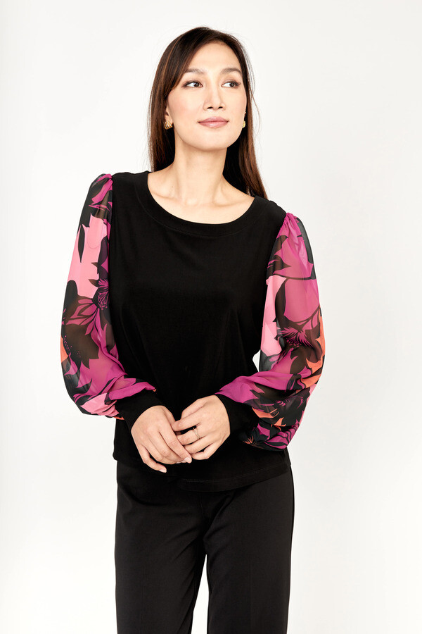Frank Lyman 233177 Women's Long Sleeve Chiffon & Floral Top – Black- Magenta