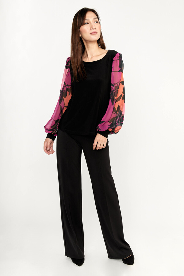 Frank Lyman 233177 Women's Long Sleeve Chiffon & Floral Top – Black- Magenta
