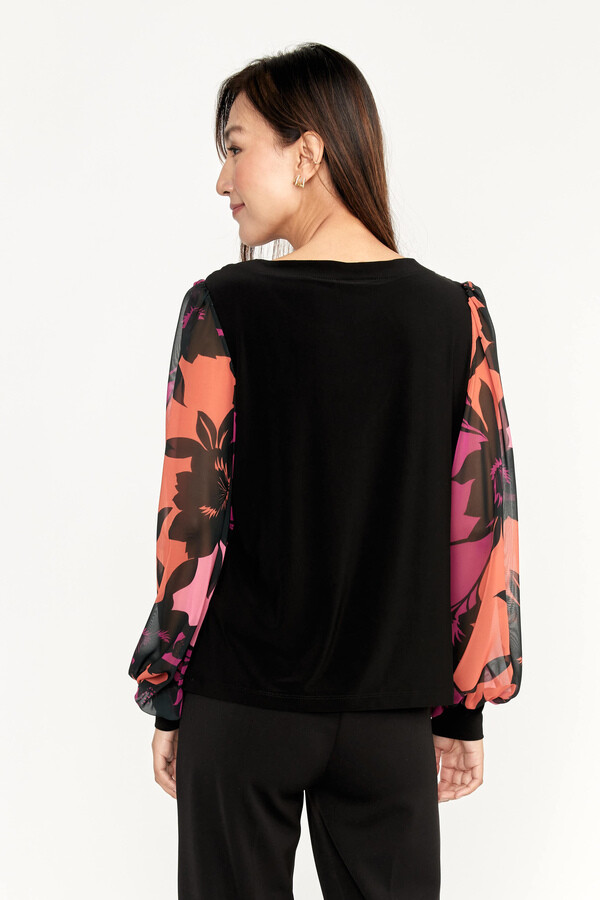 Frank Lyman 233177 Women's Long Sleeve Chiffon & Floral Top – Black- Magenta