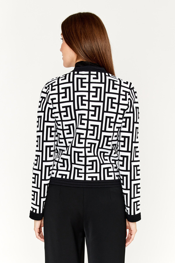 Frank Lyman 233848U Women's Long Sleeve Geo Print Cardigan – Black- White