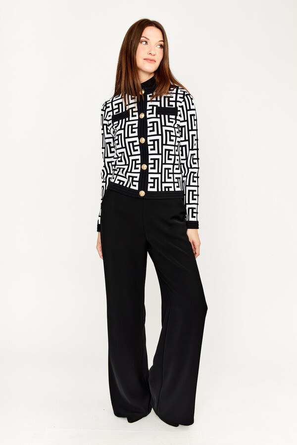 Frank Lyman 233848U Women's Long Sleeve Geo Print Cardigan – Black- White