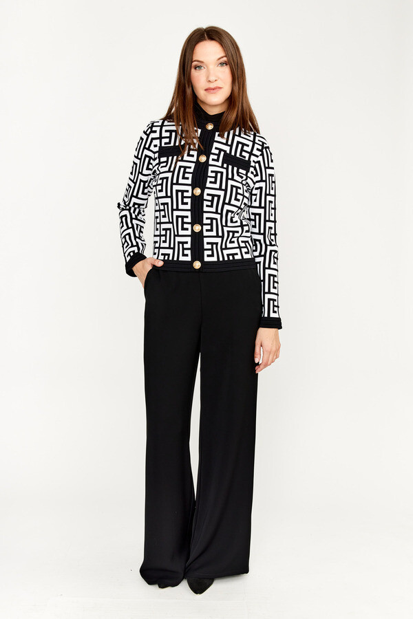 Frank Lyman 233848U Women's Long Sleeve Geo Print Cardigan – Black- White