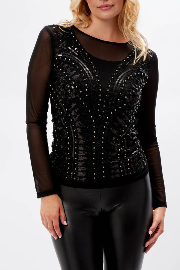 Frank Lyman 234133U Women's Long Sleeve Sheer Beaded Top – Black