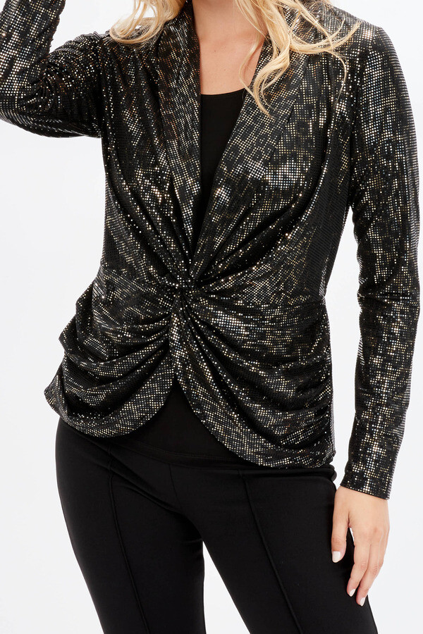 Frank Lyman 234405 Women's Long Sleeve Shiny Leopard Print Top – Black- Gold