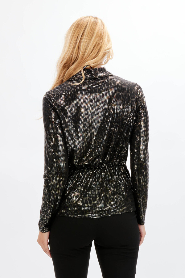Frank Lyman 234405 Women's Long Sleeve Shiny Leopard Print Top – Black- Gold