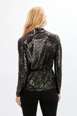 Frank Lyman 234405 Women's LS Shiny Leopard Print Top/ BLACK- GOLD