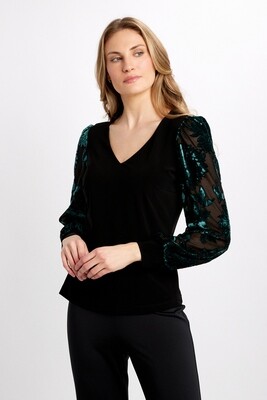 Frank Lyman 234459 Women's Long Sleeve Floral Chiffon V-Neck Top – Black- Emerald