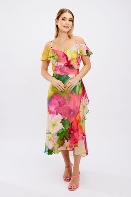 Frank Lyman 246484 Women's SL Hibiscus Print Ruffle Dress/ FUCHSIA- GREEN