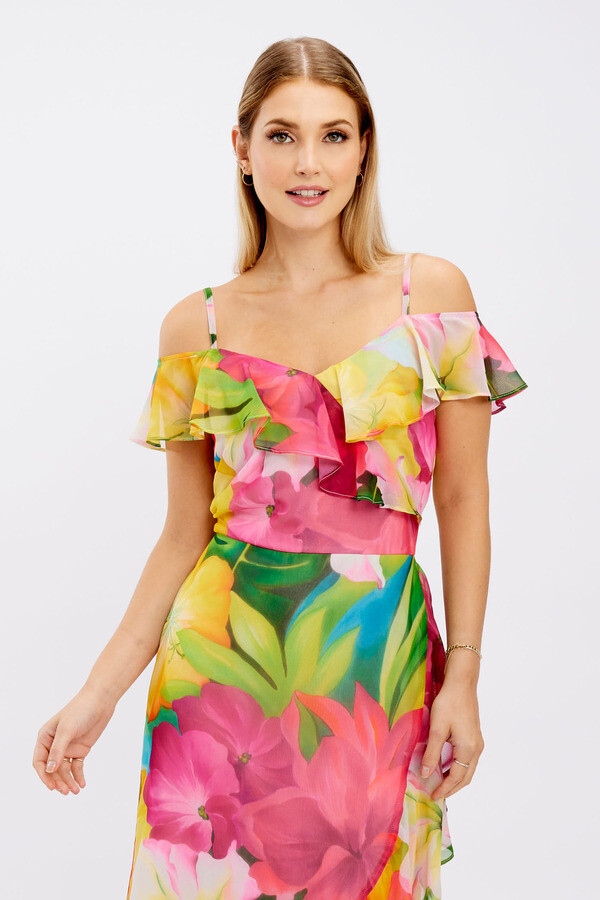 Frank Lyman 246484 Women's SL Hibiscus Print Ruffle Dress – Fuchsia- Green