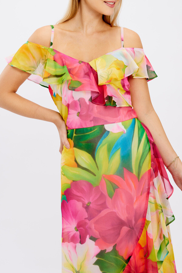 Frank Lyman 246484 Women's SL Hibiscus Print Ruffle Dress – Fuchsia- Green
