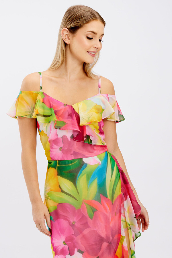 Frank Lyman 246484 Women's SL Hibiscus Print Ruffle Dress – Fuchsia- Green