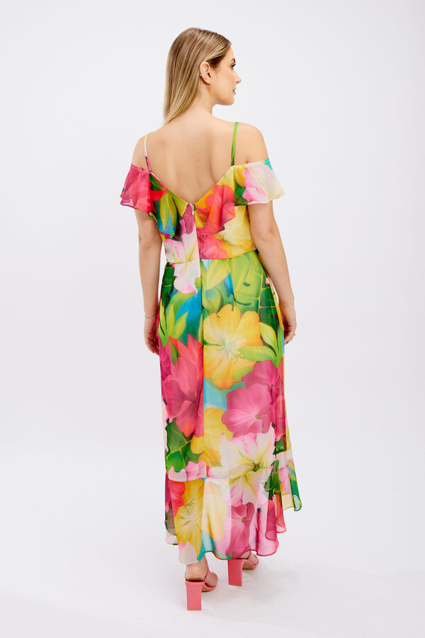 Frank Lyman 246484 Women's SL Hibiscus Print Ruffle Dress – Fuchsia- Green