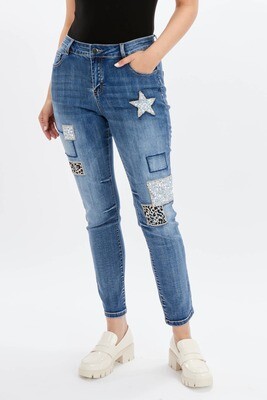 Frank Lyman 234146U Women's Straight Leopard & Sequin Patchwork Jeans/ BLUE