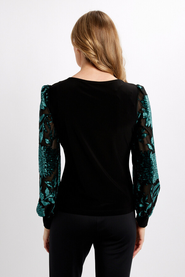 Frank Lyman 234459 Women's Long Sleeve Floral Chiffon V-Neck Top – Black- Emerald