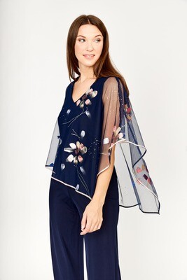 Frank Lyman 239315 Women’s SL Floral Chiffon Overlay Top – Midnight- Coral