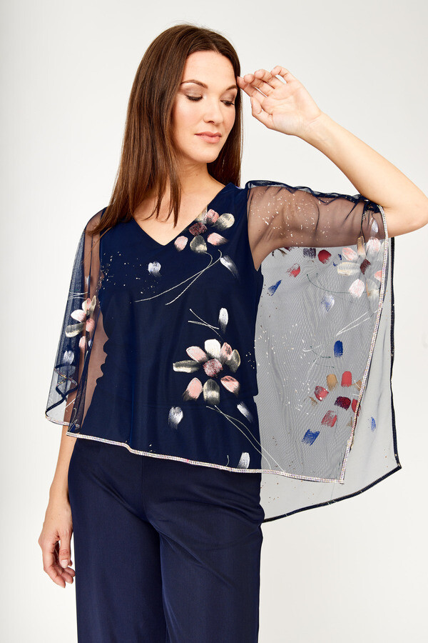 Frank Lyman 239315 Women’s SL Floral Chiffon Overlay Top – Midnight- Coral