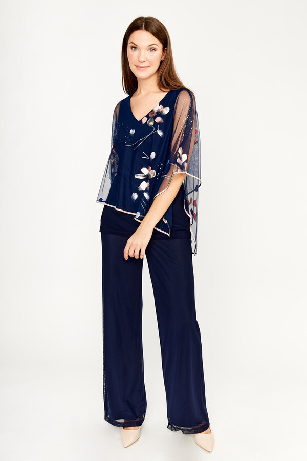 Frank Lyman 239315 Women’s SL Floral Chiffon Overlay Top – Midnight- Coral
