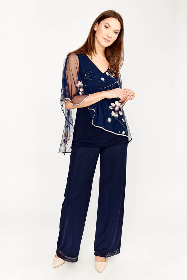 Frank Lyman 239315 Women’s SL Floral Chiffon Overlay Top – Midnight- Coral