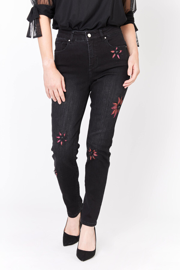 Frank Lyman 233886U Women's Embroidered Flower Jeans/ BLACK- MAGENTA, Size: S