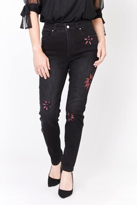Frank Lyman 233886U Women's Embroidered Flower Jeans/ BLACK- MAGENTA