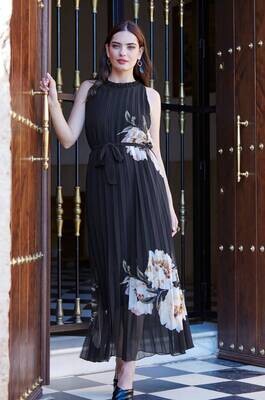 Frank Lyman 236155 Women's SL Pleated Floral Maxi Dress – Black- Beige