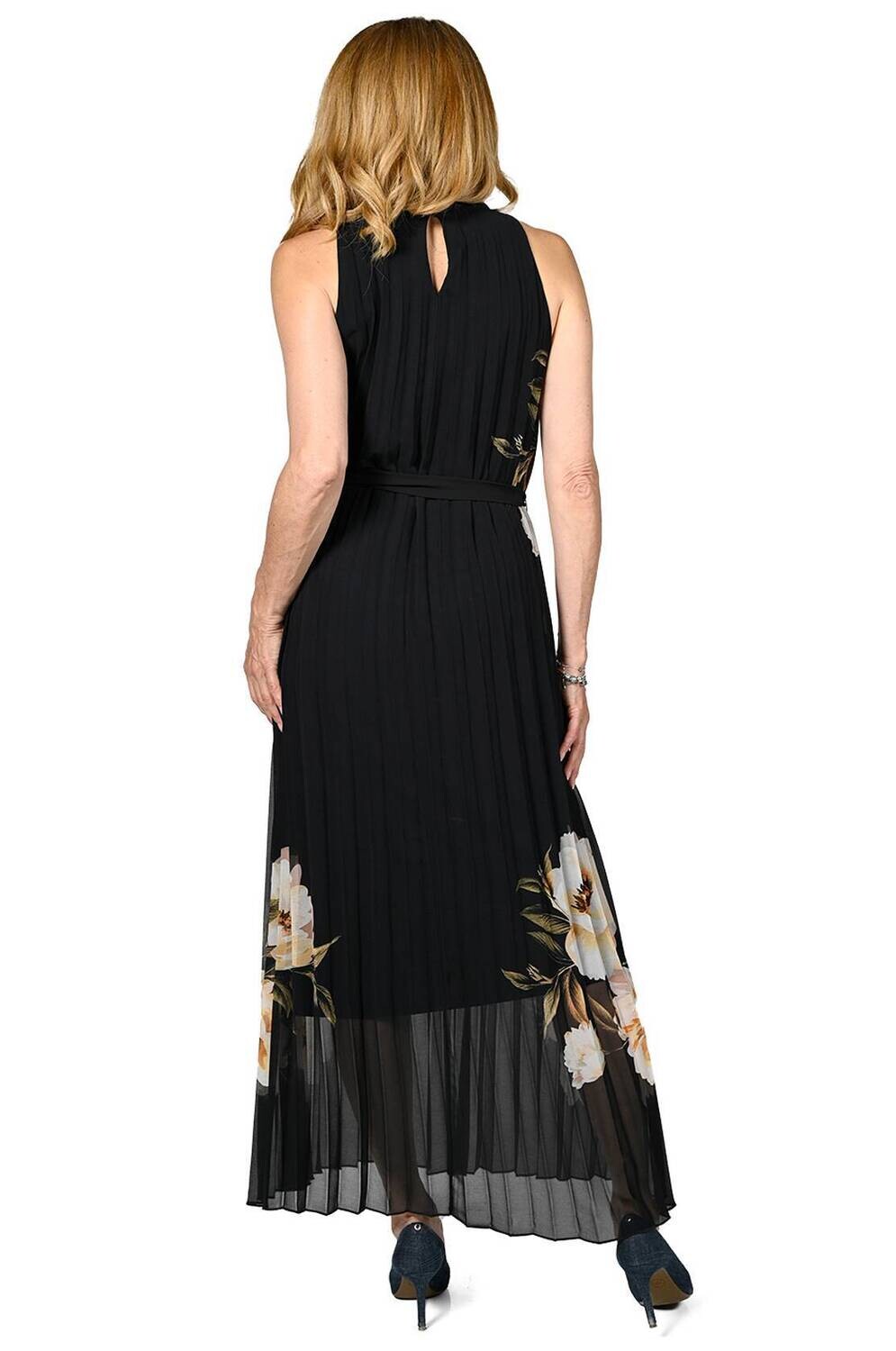 Frank Lyman 236155 Women's SL Pleated Floral Maxi Dress – Black- Beige