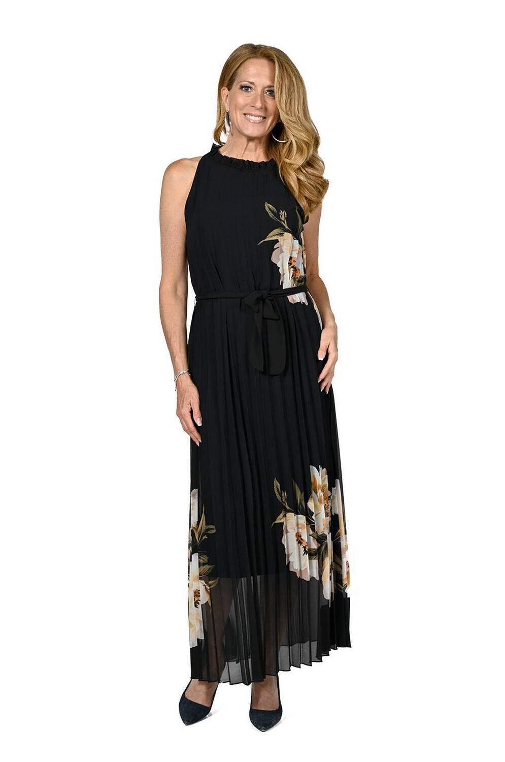 Frank Lyman 236155 Women's SL Pleated Floral Maxi Dress – Black- Beige