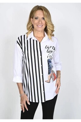 Frank Lyman 236695U Women's Long Sleeve Stripes Blouse – White- Black