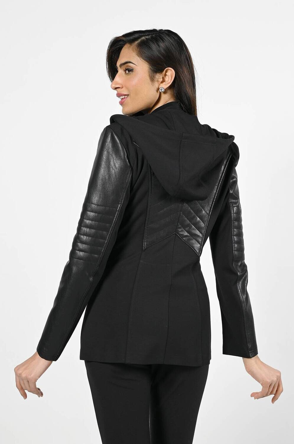 Frank Lyman 224537U Women's Long Sleeve Hooded Vegan Leather Jacket – Black