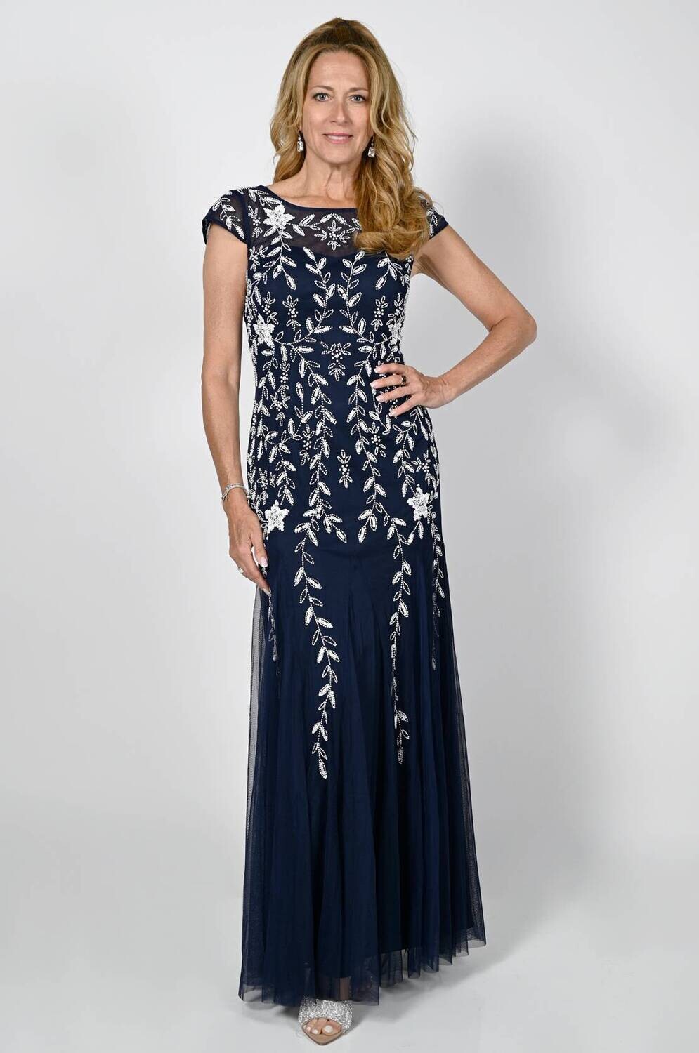 Frank Lyman 238603I Women's Short Sleeve Bead Embossed Maxi Dress – Navy- White