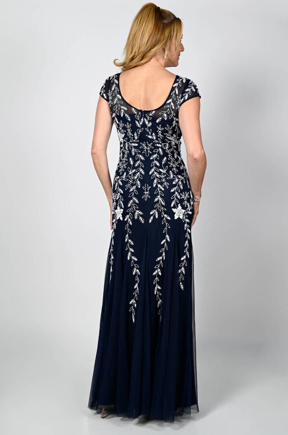 Frank Lyman 238603I Women's Short Sleeve Bead Embossed Maxi Dress – Navy- White