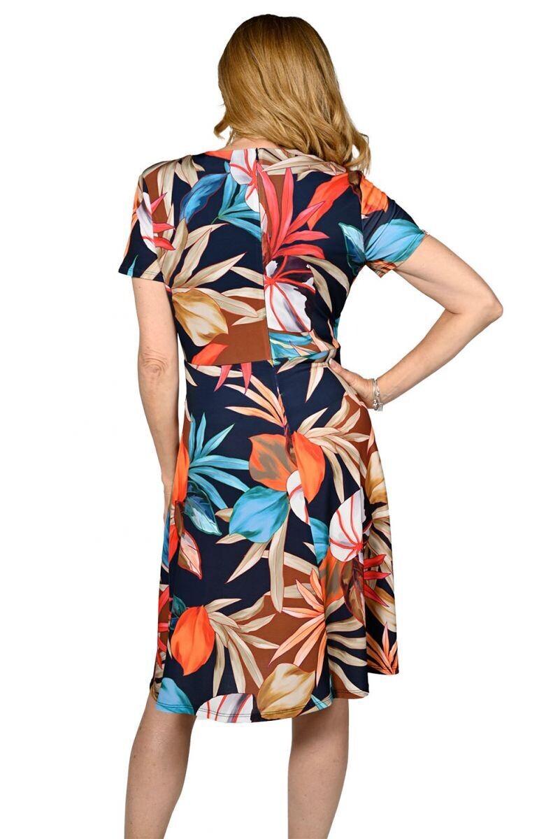 Frank Lyman 236311 Women's Short Sleeve V-Neck Floral Dress – Navy- Orange