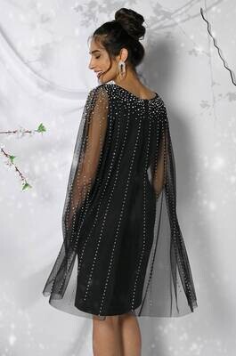 Frank Lyman 229165 Women's SL Chiffon, Pearl & Rhinestone Cape Dress – Black