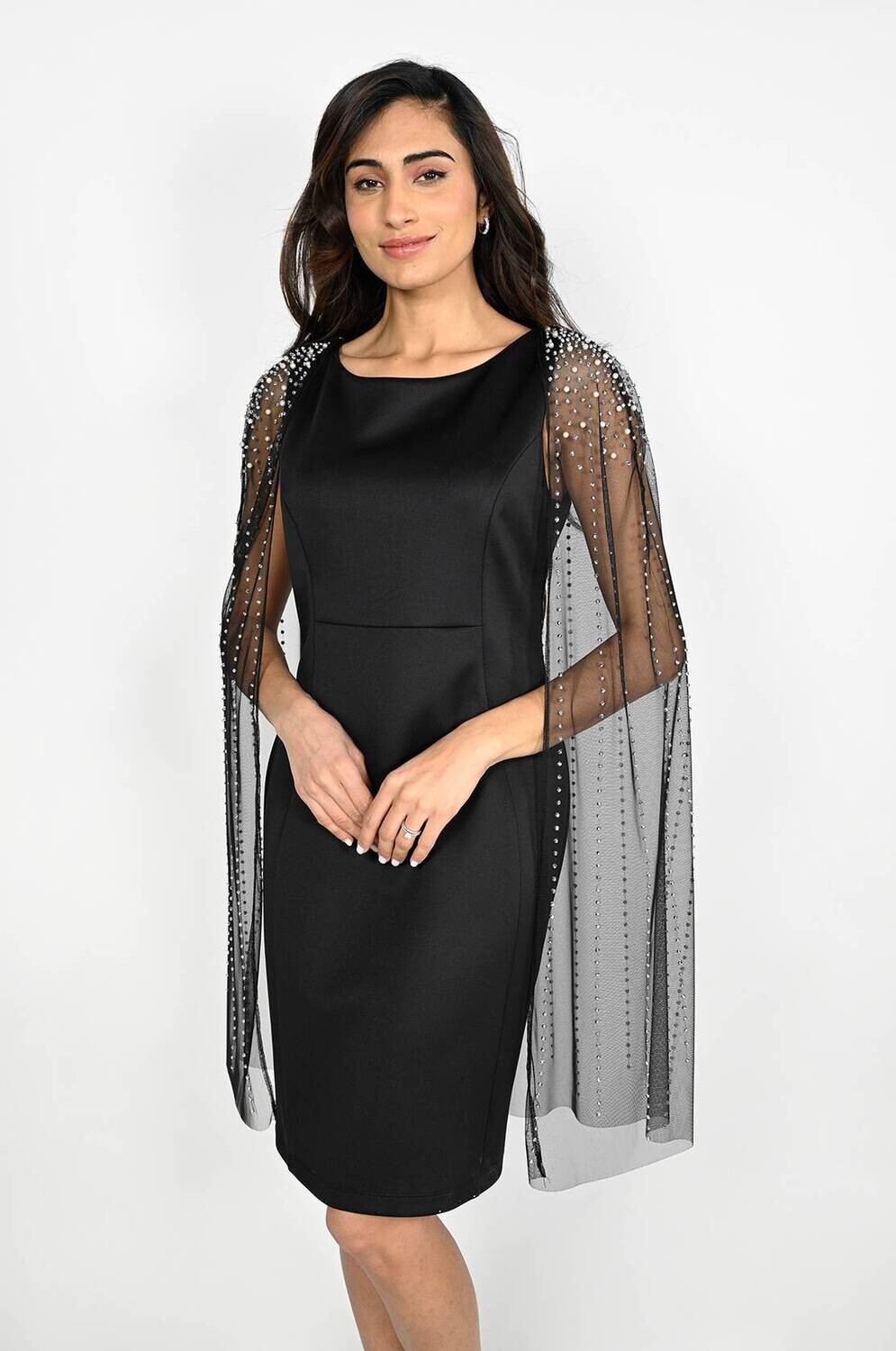 Frank Lyman 229165 Women's SL Chiffon, Pearl & Rhinestone Cape Dress – Black