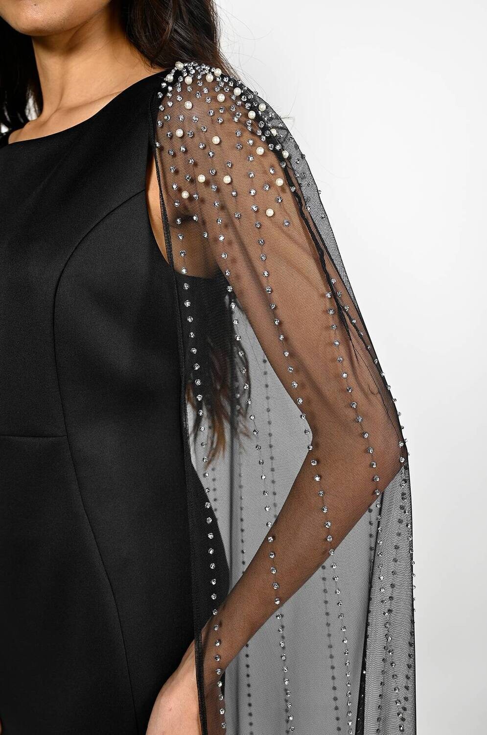Frank Lyman 229165 Women's SL Chiffon, Pearl & Rhinestone Cape Dress – Black