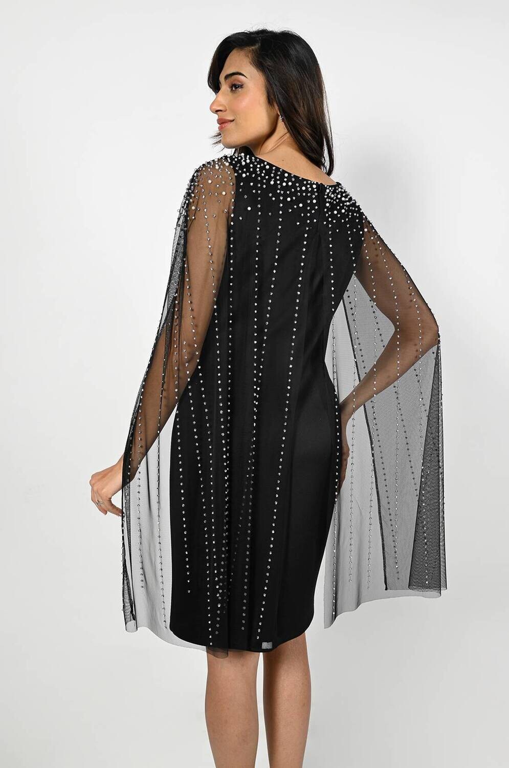 Frank Lyman 229165 Women's SL Chiffon, Pearl & Rhinestone Cape Dress – Black