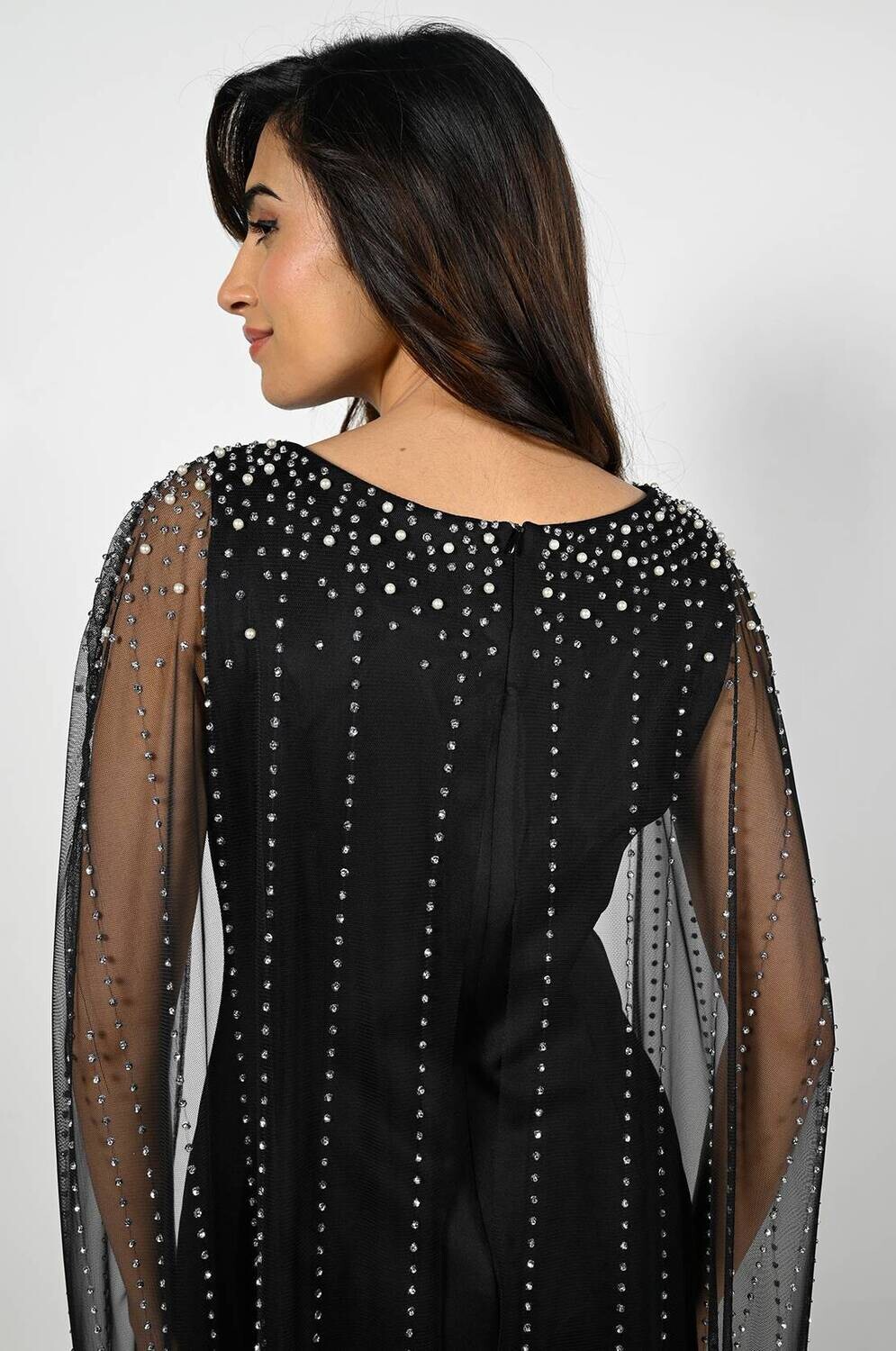 Frank Lyman 229165 Women's SL Chiffon, Pearl & Rhinestone Cape Dress – Black
