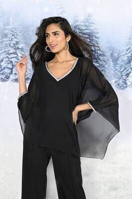 Frank Lyman 229120 Women’s SL Woven Top w/ Chiffon Overlay & Rhinestone Trim – Black