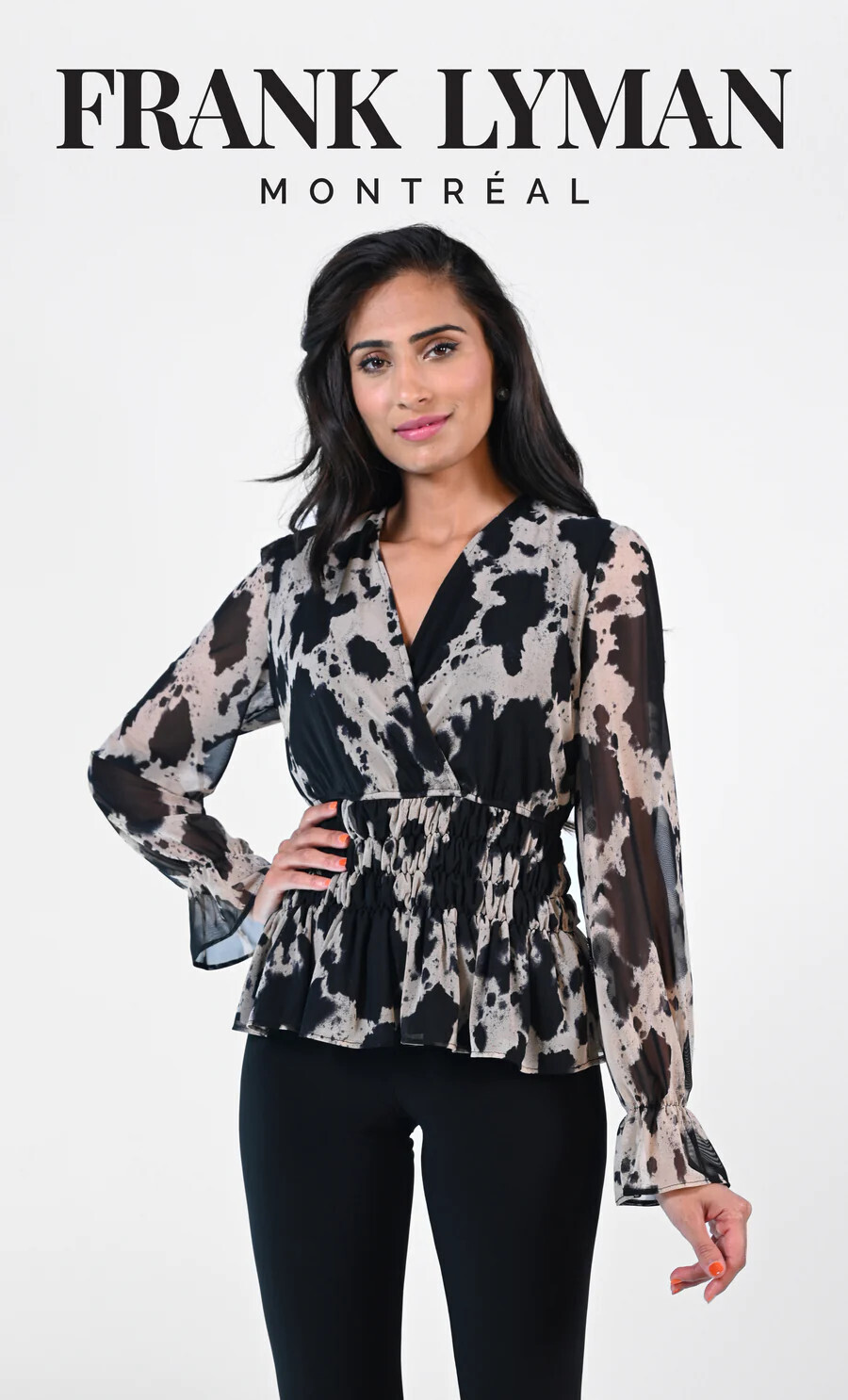 Frank Lyman 223211 Women's Long Sleeve V-Neck Ruffle Mesh Top – Beige-Black